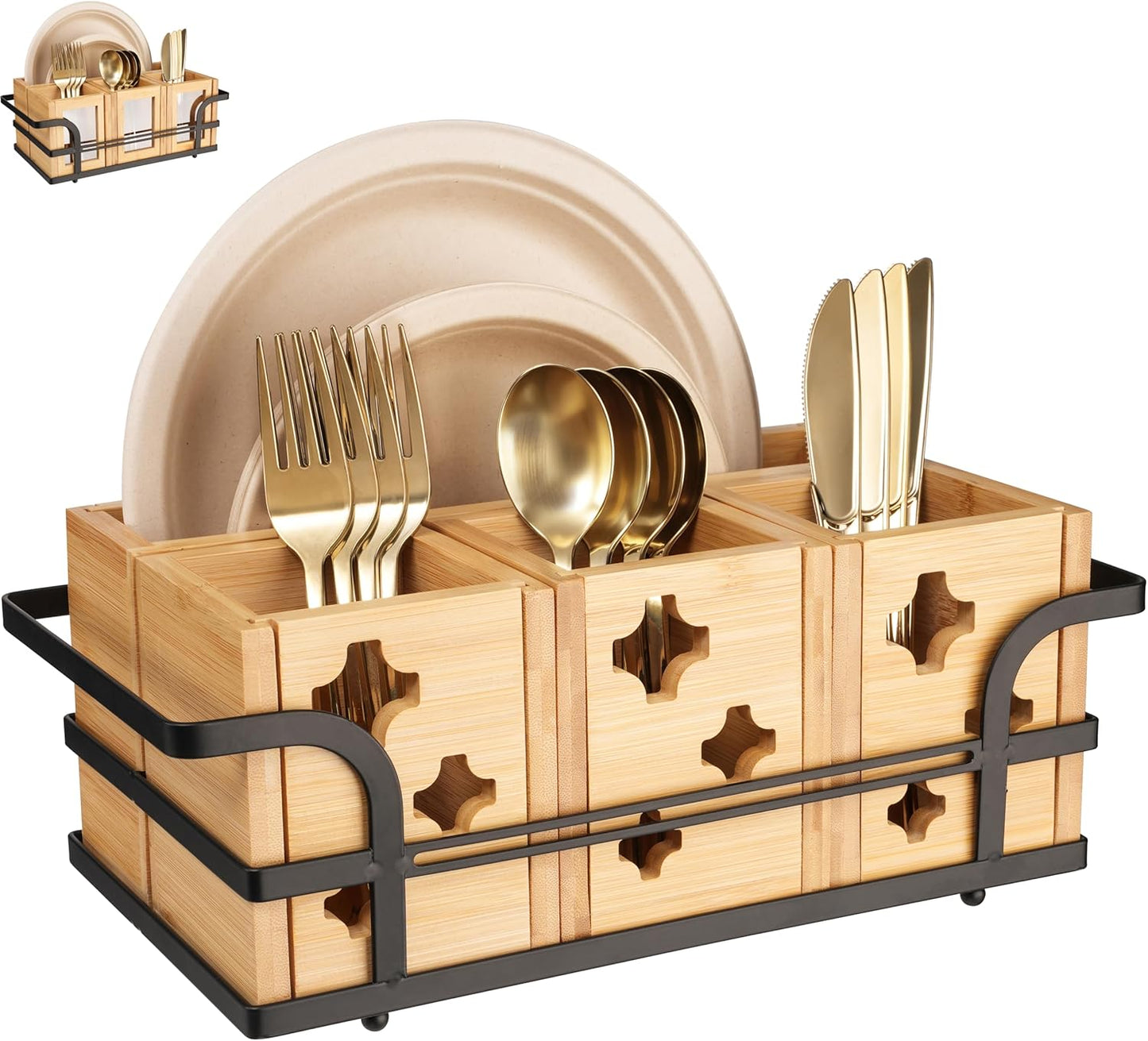 Silverware Caddy Wood Utensil Holder Cutlery Flatware Paper Plate Dispenser Organizer for Spoons Forks Plates Napkins (Acrylic)