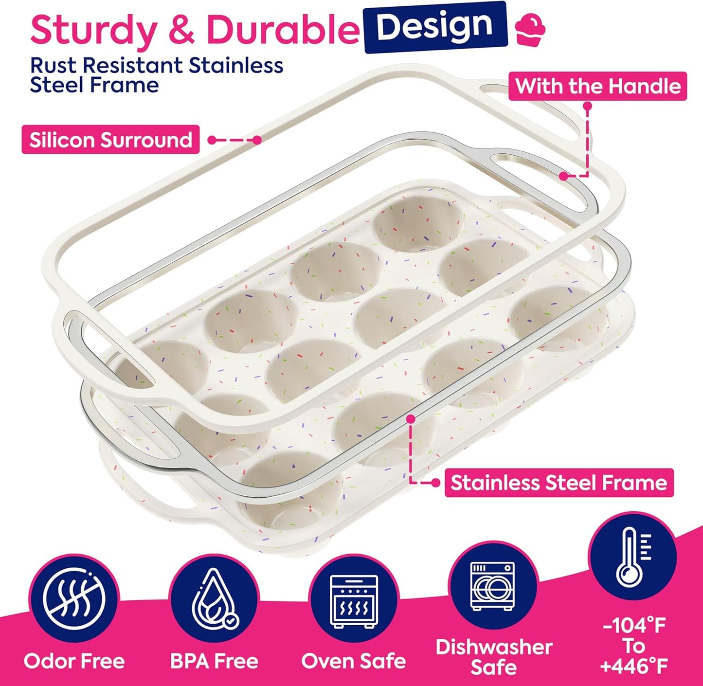 RICCLE 2 Pack Silicone Muffin Pans for Baking with Metal Reinforced Frame - Regular 12 Cup Silicone Muffin Pan & 24 Cup Mini Cupcake Pans - Silicone Cupcake Pan Set - Oven & Dishwasher Safe, BPA-Free