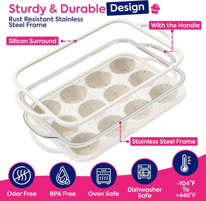 RICCLE 2 Pack Silicone Muffin Pans for Baking with Metal Reinforced Frame - Regular 12 Cup Silicone Muffin Pan & 24 Cup Mini Cupcake Pans - Silicone Cupcake Pan Set - Oven & Dishwasher Safe, BPA-Free