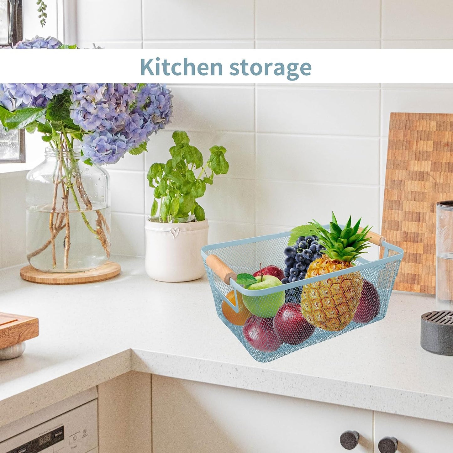 2 Pack 12" Wide Metal Mesh Baskets with Bamboo Handles for Pantry Organization | Wire Storage Bins for Kitchen, Cabinet, Fruit & Snacks | Decorative Farmhouse Style Organizer