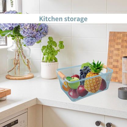 2 Pack 12" Wide Metal Mesh Baskets with Bamboo Handles for Pantry Organization | Wire Storage Bins for Kitchen, Cabinet, Fruit & Snacks | Decorative Farmhouse Style Organizer