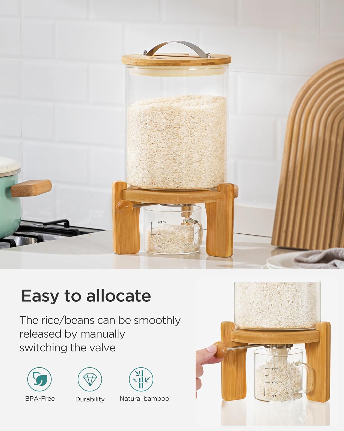 HBlife 5-7 Lbs Glass Rice Dispenser with Wooden Stand Flour and Cereal Container with Glass Measuring Cup Pantry Food Organization Storage Bin with Airtight Bamboo Lid, 3L