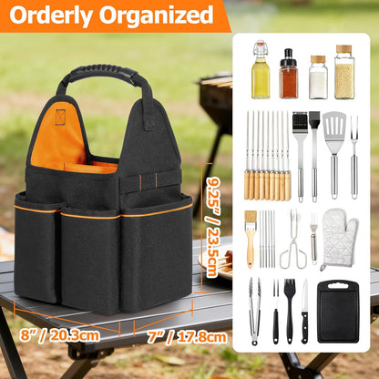 HODRANT Grill Utensil Storage Bag, Portable BBQ Tool Caddy with Divider & Boards, Large Grilling Tool Box with Pockets & Handle, Outdoor Barbecue Accessories Case for Camping & Kitchen, Bag Only