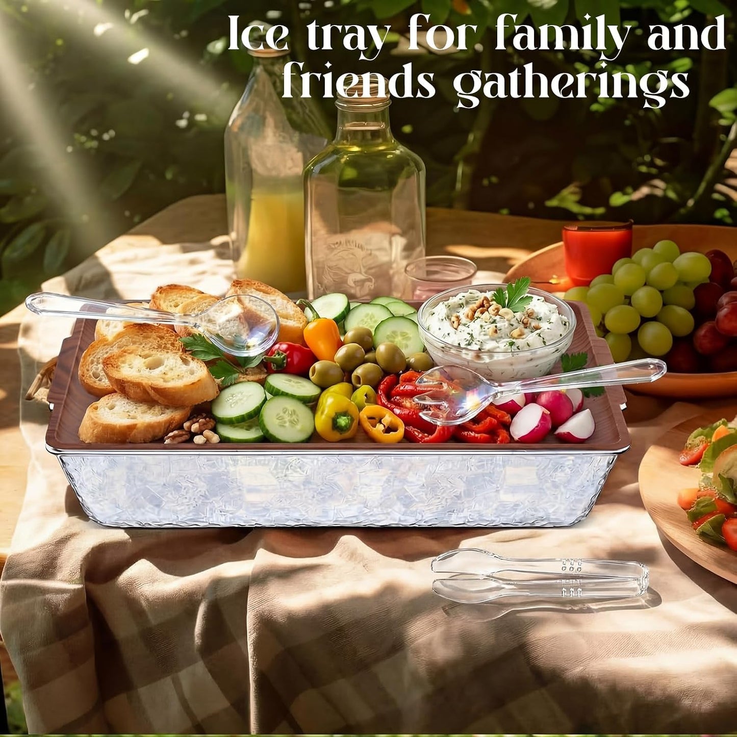 Baderke 16" x 9" Chilled Serving Tray for Parties with Compartments Ice Chilled Party Crudite Platter Charcuterie Serving Board Cold Dish Dip with Tableware for Seafood Vegetable(Silver Glitter)