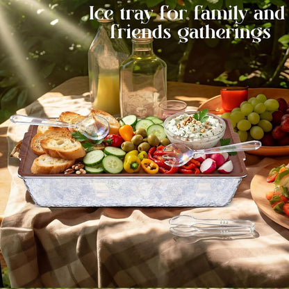 Baderke 16" x 9" Chilled Serving Tray for Parties with Compartments Ice Chilled Party Crudite Platter Charcuterie Serving Board Cold Dish Dip with Tableware for Seafood Vegetable(Silver Glitter)