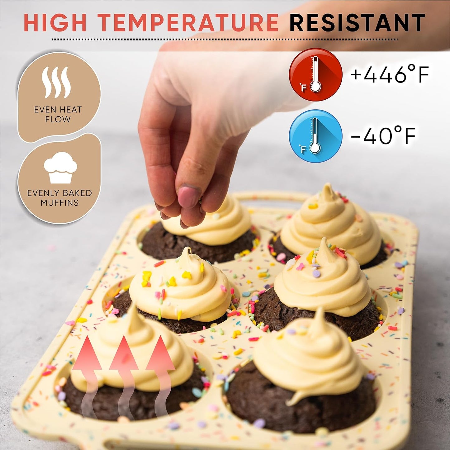 2-Pack Silicone Muffin Pan Set – Regular 12 Cup & Mini 24-Cup Silicone Muffin Pans for Baking – Nonstick Silicone Cupcake Pan with Metal-Reinforced Handles – BPA-Free, Dishwasher-Safe, Cream