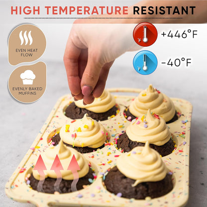 2-Pack Silicone Muffin Pan Set – Regular 12 Cup & Mini 24-Cup Silicone Muffin Pans for Baking – Nonstick Silicone Cupcake Pan with Metal-Reinforced Handles – BPA-Free, Dishwasher-Safe, Cream