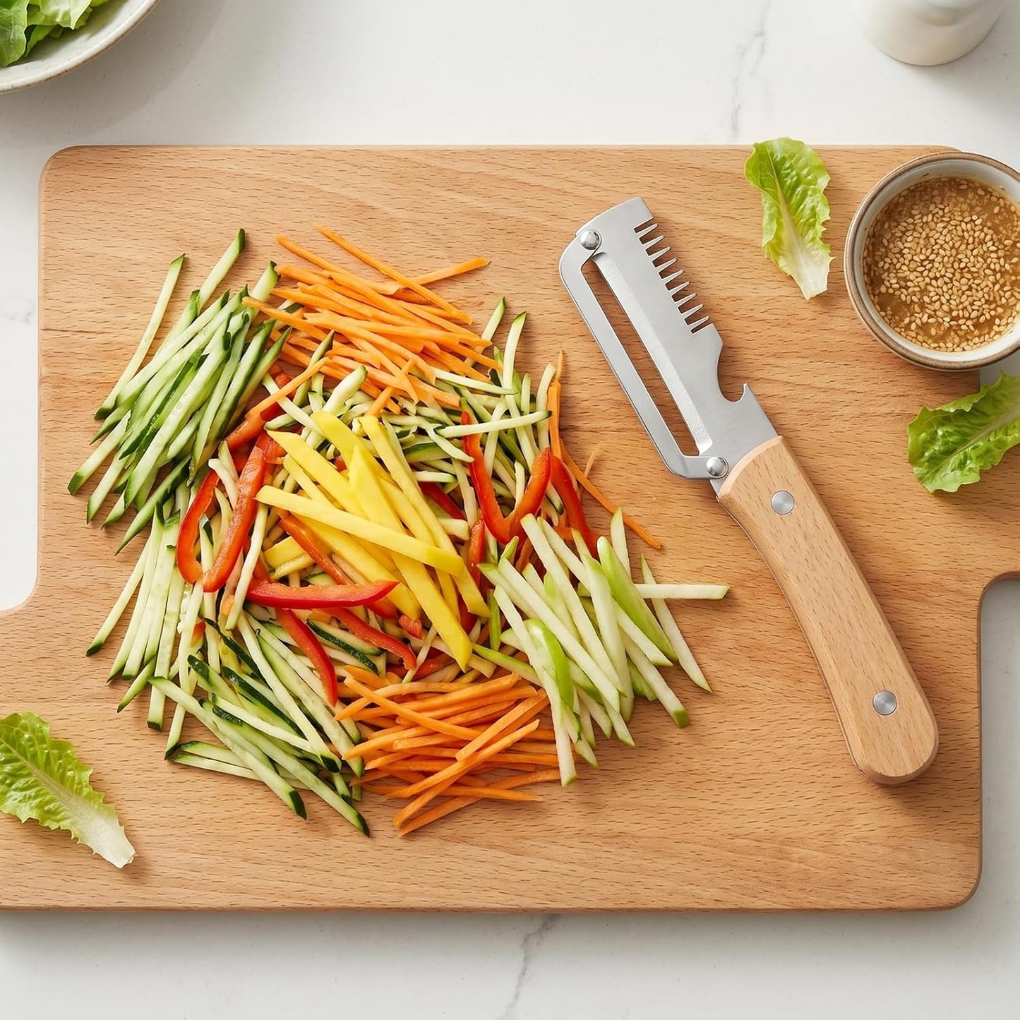 3-in-1 Vegetable Peeler with Wooden Handle - Stainless Steel Swivel Peeler, Julienne Shredder & Bottle Opener - Professional Kitchen Tool for Potatoes, Carrots, Zucchini & Salads
