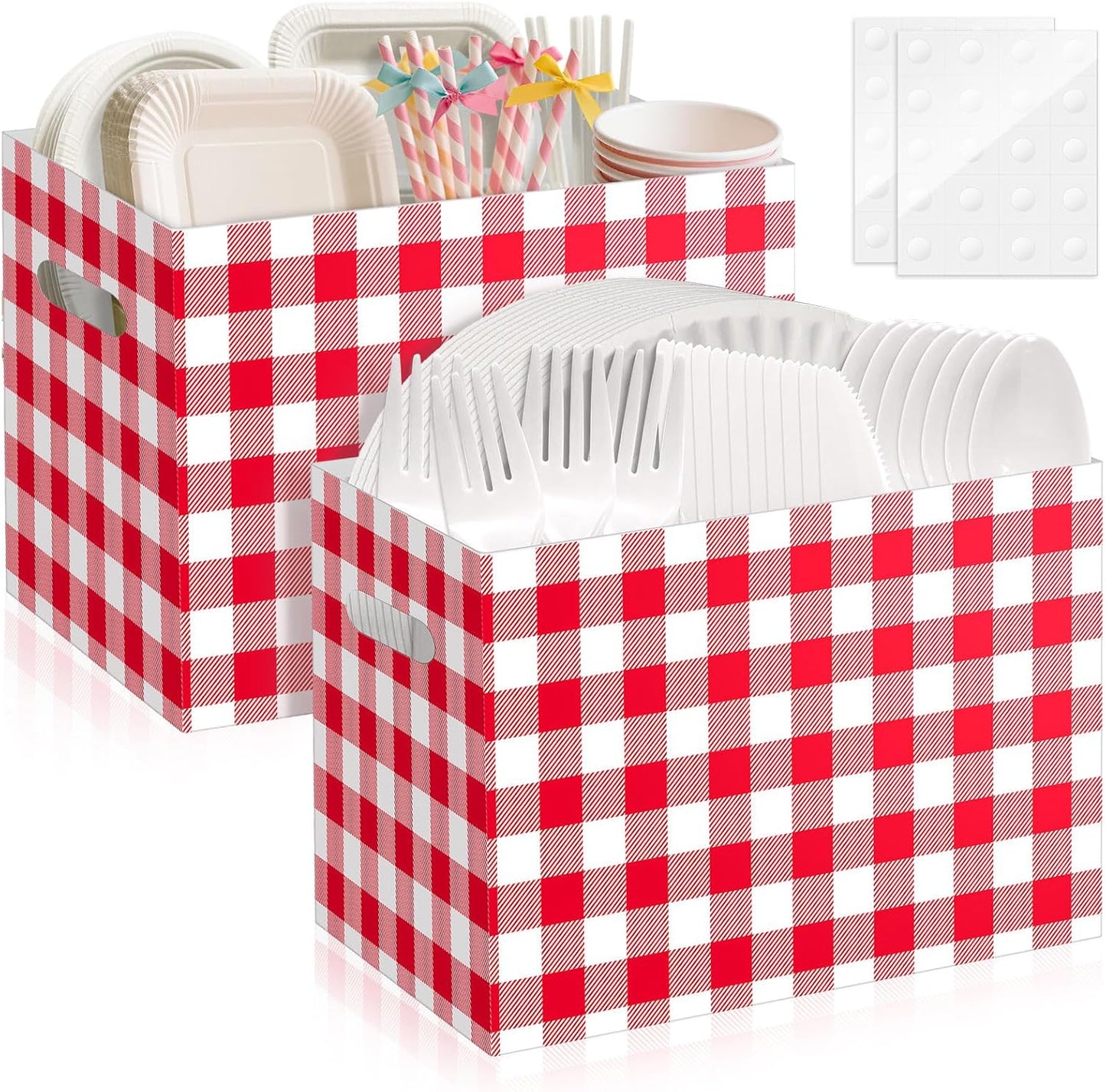 2PCS Red Gingham Utensil Holder Paper Utensil Caddy for Gingham Party Supplies Disposable Cutlery Holder with Handles Party Favors Cutlery Caddy for Red and White Checkered Birthday Decorations