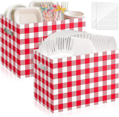 2PCS Red Gingham Utensil Holder Paper Utensil Caddy for Gingham Party Supplies Disposable Cutlery Holder with Handles Party Favors Cutlery Caddy for Red and White Checkered Birthday Decorations