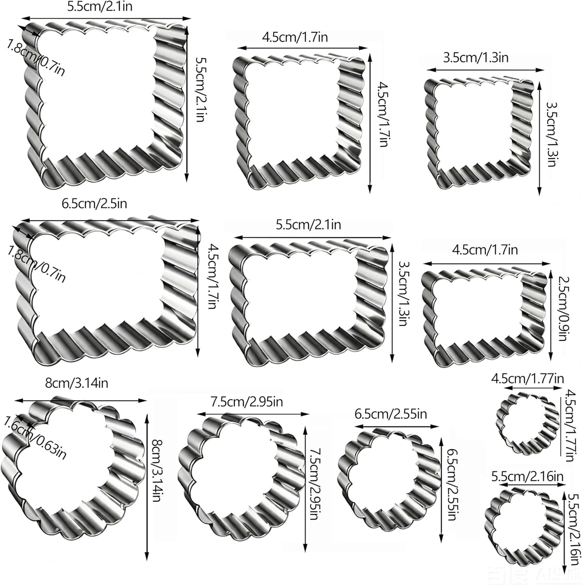 11Pcs Scalloped Cookie Cutter Set, Assorted Sizes-Include3 Square,3 Rectangle and 5 Round Fondant Molds,Reusable with Jagged Edge Design for a Special Event Holiday Everyday Treat (11Pcs)