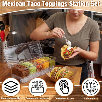 Sliner Taco Bar Serving Set for Party, Ice Chilled Condiment Caddy with 5 Containers, 50 Paper Food Trays, Scoop Spoons Clip, Fruit Salad Chilled Tray for Taco Mimosa Bar Party Beach Picnic Outdoor