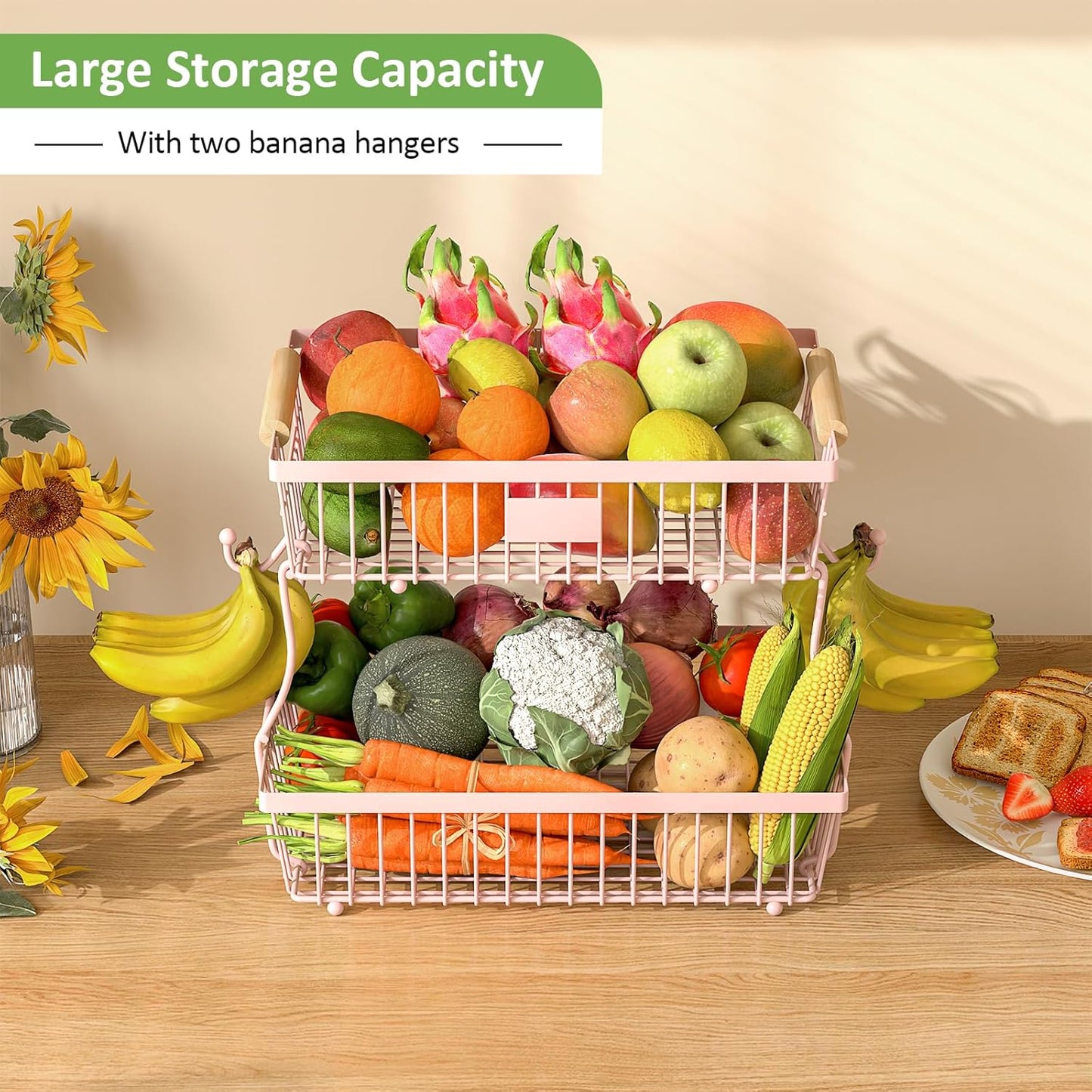 2 Tier Fruit Basket for Kitchen Counter with 2 Banana Hangers, Countertop Metal Bread Basket with Wooden Handle, Large Storage Stand for Vegetables, Snacks, Eggs, Produce Storage – Black