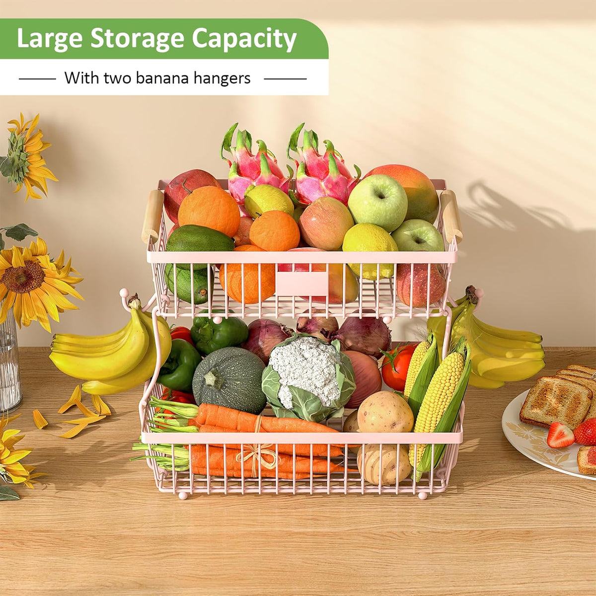 2 Tier Fruit Basket for Kitchen Counter with 2 Banana Hangers, Countertop Metal Bread Basket with Wooden Handle, Large Storage Stand for Vegetables, Snacks, Eggs, Produce Storage – Black
