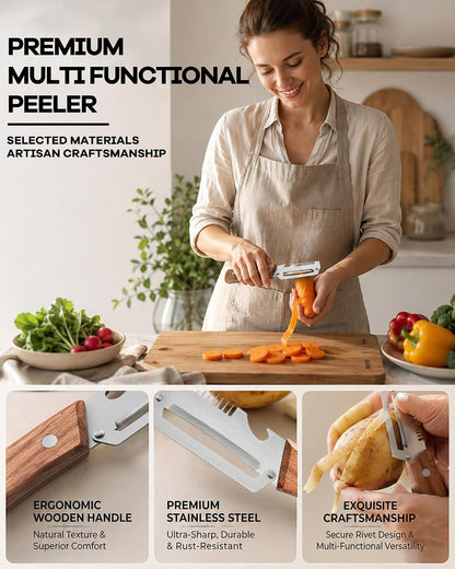 Vegetable Peeler with Wooden Handle and Bottle Opener,2026 Upgrade Multifunctional Stainless Steel Peeler,Vegetable Peeler for Kitchen,Suitable for Vegetables or Fruits that Need to Be Peeled(2PCS)