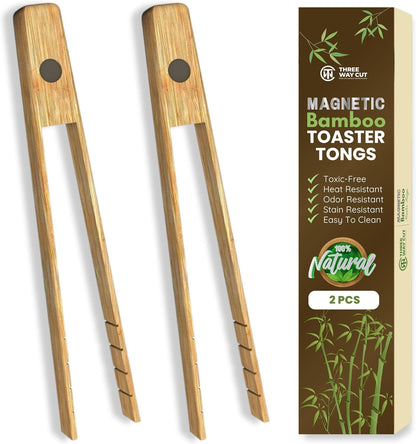 Toaster Tongs With Magnet | Kitchen Utensils For Cooking and Holding Toast Bacon Muffin Bagel Bread | 8 Inch Long Natural Non Toxic Bamboo