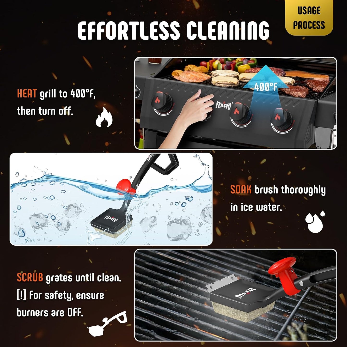 Feasto Bristle Free Grill Brush with Scraper for Outdoor Grills, Reinforced Steam BBQ Cleaning Brush with Replaceable Cleaning Head, Safe Grill Cleaner for Cast Iron & Stainless Steel Grates, Red