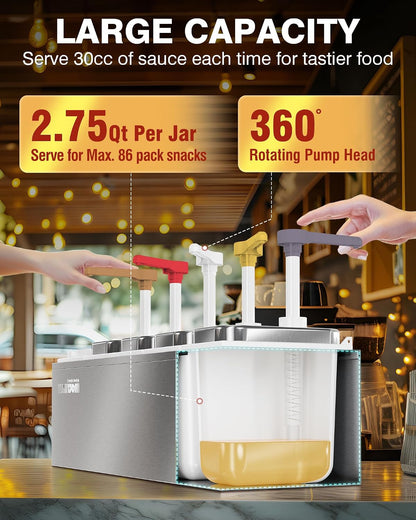 WantJoin 13.75QT Sauce Dispenser with 5 Jars - 2.75QT/2.6L Stainless Steel Condiment Pump Station, Commercial Dispenser for Ketchup, Salad Dressing