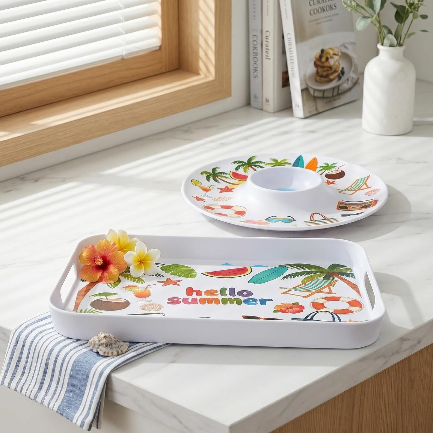 2 Pcs Serving Tray - 16'' Melamine Rectangle Tray with Handle and 13'' Chip and Dip Set of 2，Extra-Large Melamine Serving Platter for Eating, Appetizer, Snack, Fruit, Desserts，Happy Summer