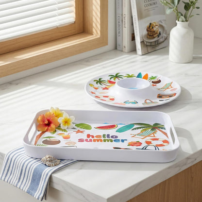 2 Pcs Serving Tray - 16'' Melamine Rectangle Tray with Handle and 13'' Chip and Dip Set of 2，Extra-Large Melamine Serving Platter for Eating, Appetizer, Snack, Fruit, Desserts，Happy Summer