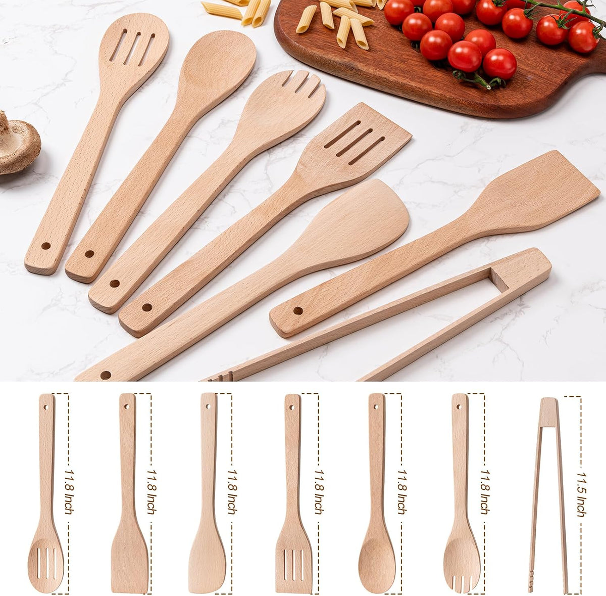 Eisinly 7-Piece Wooden Cooking Spoons, Natural Bamboo Utensil Set