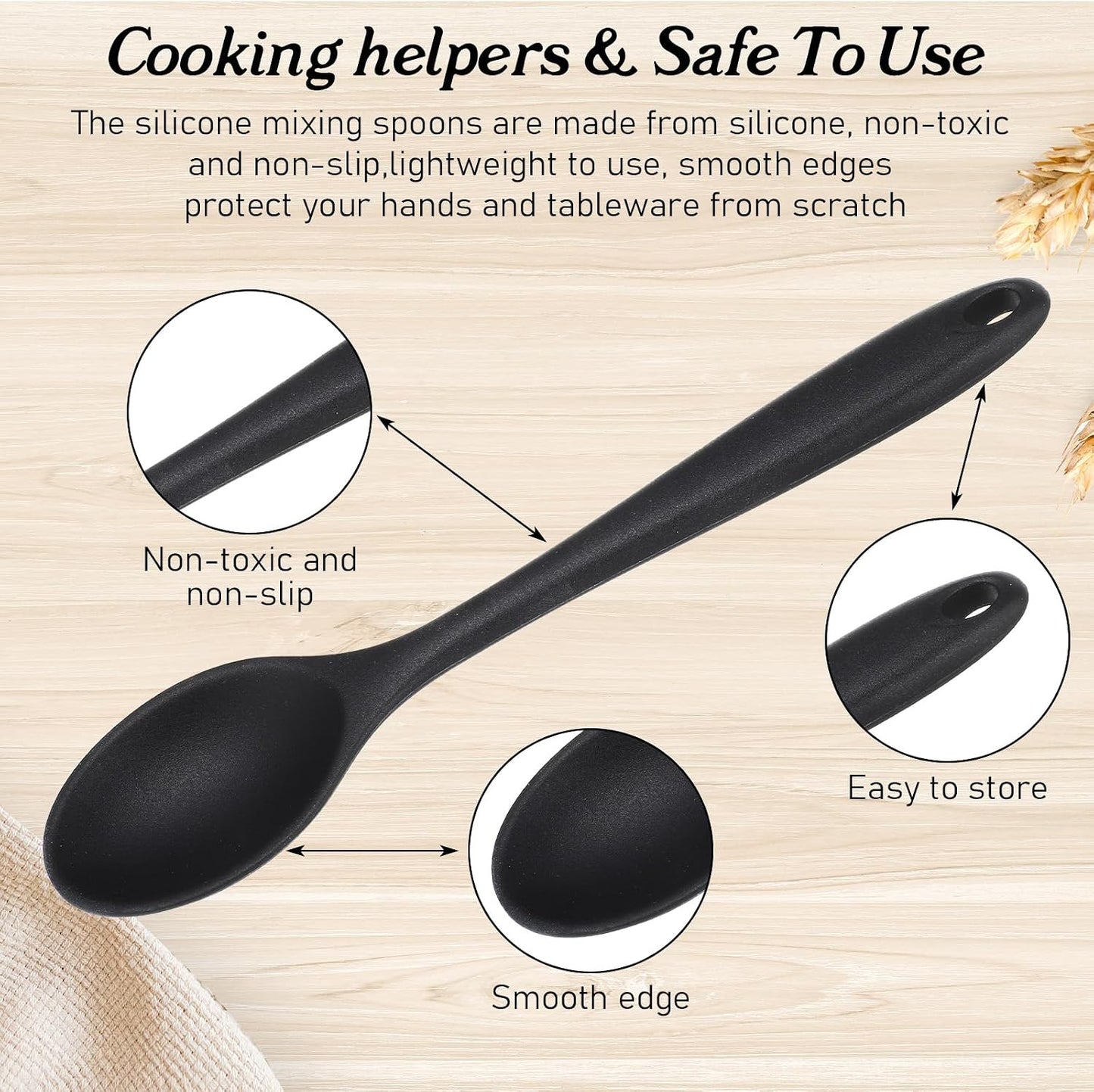 2 Pcs Silicone Cooking Spoons Heat Resistant,Silicone Serving Spoons.2 Size Black Silicon Mixing Spoon – Long Handle Silicon Spoon for Cook,Baking & Non-Stick Kitchen Tools