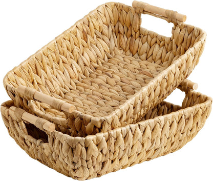 StorageWorks Hand-Woven Storage Baskets with Wooden Handles, Water Hyacinth Wicker Baskets for Organizing, 2 Pack