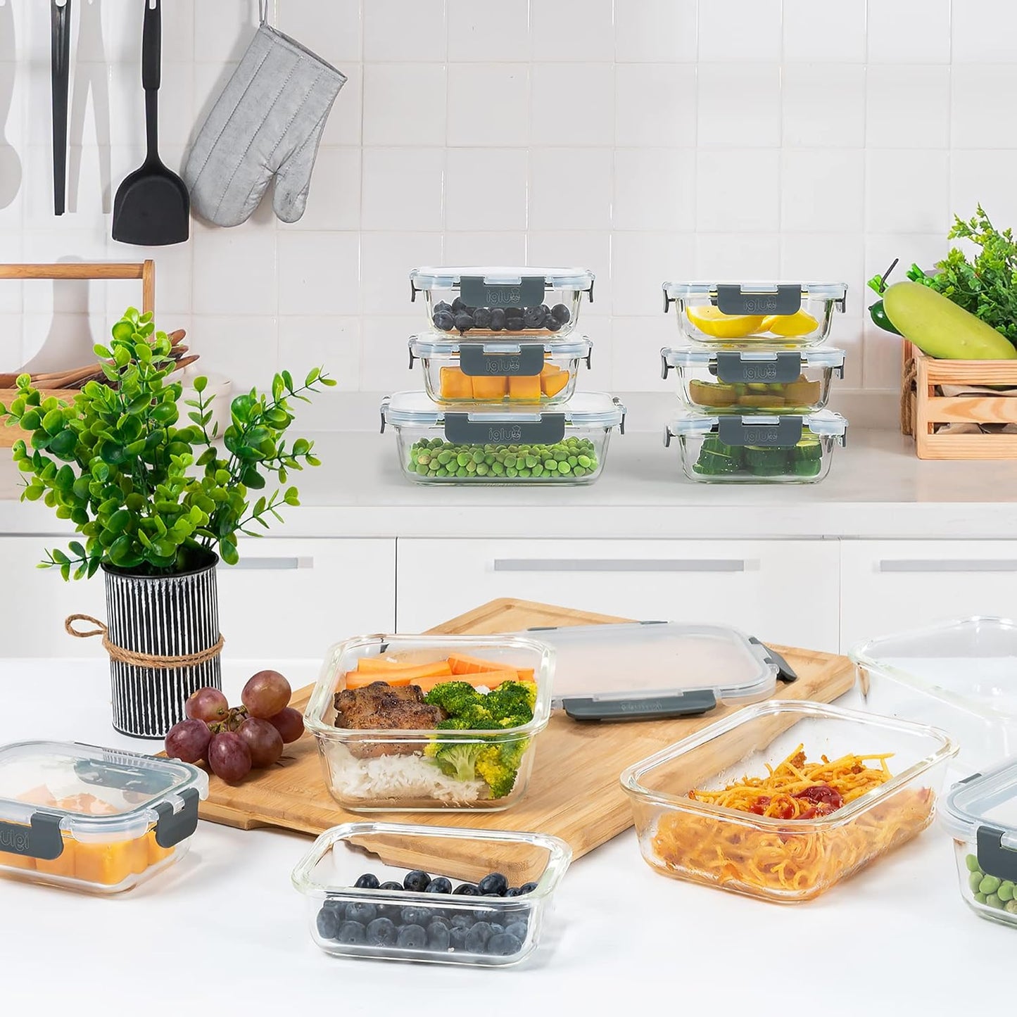 Igluu Meal Prep Glass Containers with Air Vent Lids (5 Pack+Extra Lid) – Airtight & BPA-Free – Oven, Microwave, Freezer and Dishwasher Safe – 28oz – Durable Borosilicate Glass