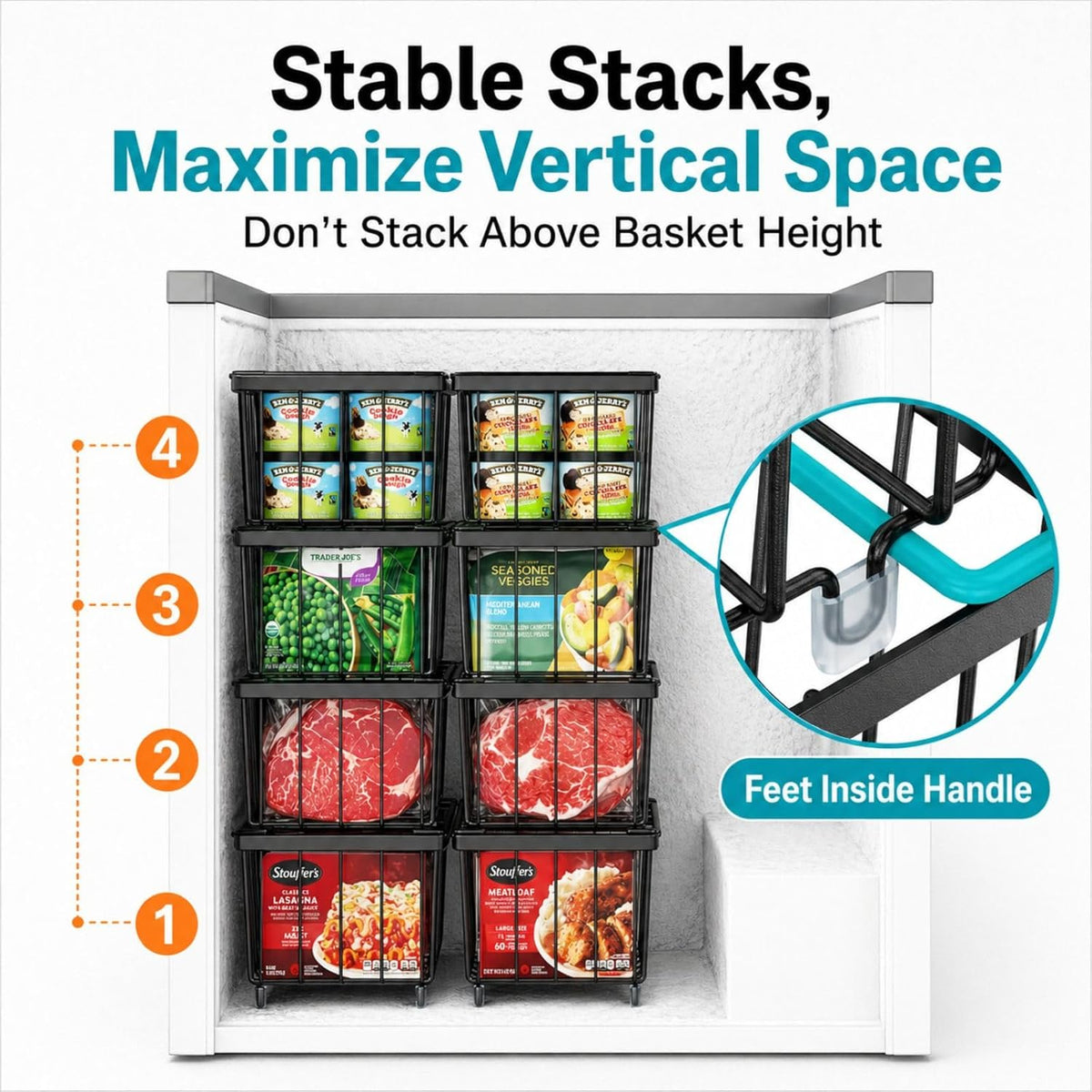 iSPECLE Deep Freezer Organizer Bins, 5 Pack Chest Freezer Baskets for 7 Cu.Ft, Stackable Wire Chest Freezer Organizer Bins for Small Food, Strong Metal with Handles for Meat and Veggies, Black