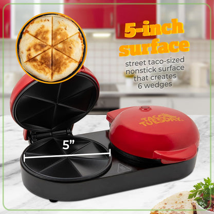 Taco Tuesday Deluxe 8-Inch 6-Wedge Electric Quesadilla Maker with Extra Stuffing Latch, Red