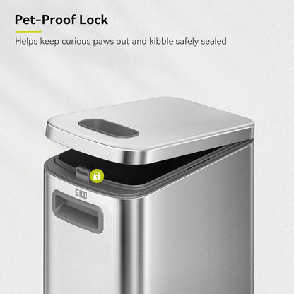EKO 45 lb Airtight Dog Food Storage Container, Stainless Steel Pet Food Container for Kibble, Cat Food & Bird Seed, Lockable Lid, Magnetic Scoop, BPA-Free Inner Bucket, Wheels