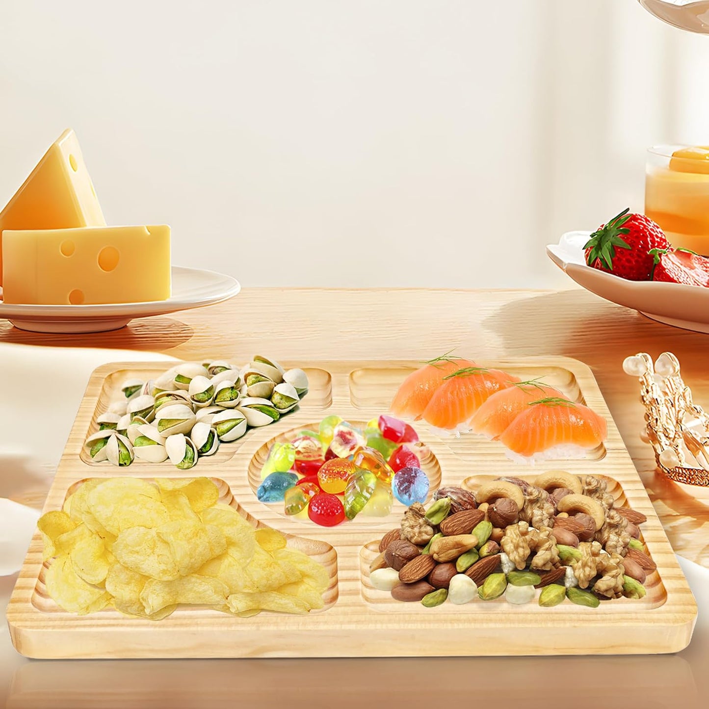 Divided Wood Serving Tray, Rectangular Tray Chip and Dip Platter, Serving Tray with 5 Sections for Appetizers & Snacks, Veggie Platter, Food Trays for Party 12'' x 8.7'' x 0.6''
