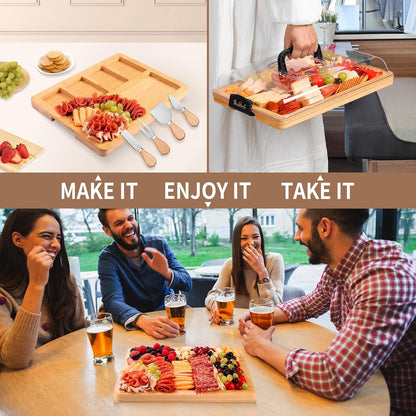 CAWIU Portable Travel Charcuterie Board with Lid and Handle - Large Bamboo Cheese Board with 4 Cheese Knife Set for Outdoor, Picnics - Weddings, House Warming Gift for Women (1 Compartment, White)