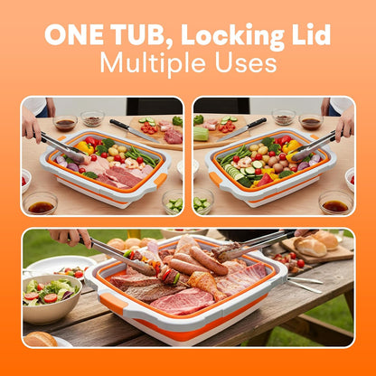 2-Pack XL Collapsible BBQ Prep Tub with Built-in Cutting Board, Lid & Strainer – Multipurpose Meal Prep Container for Outdoor Cooking, BBQ Parties, Kitchen & Travel Use (Black)