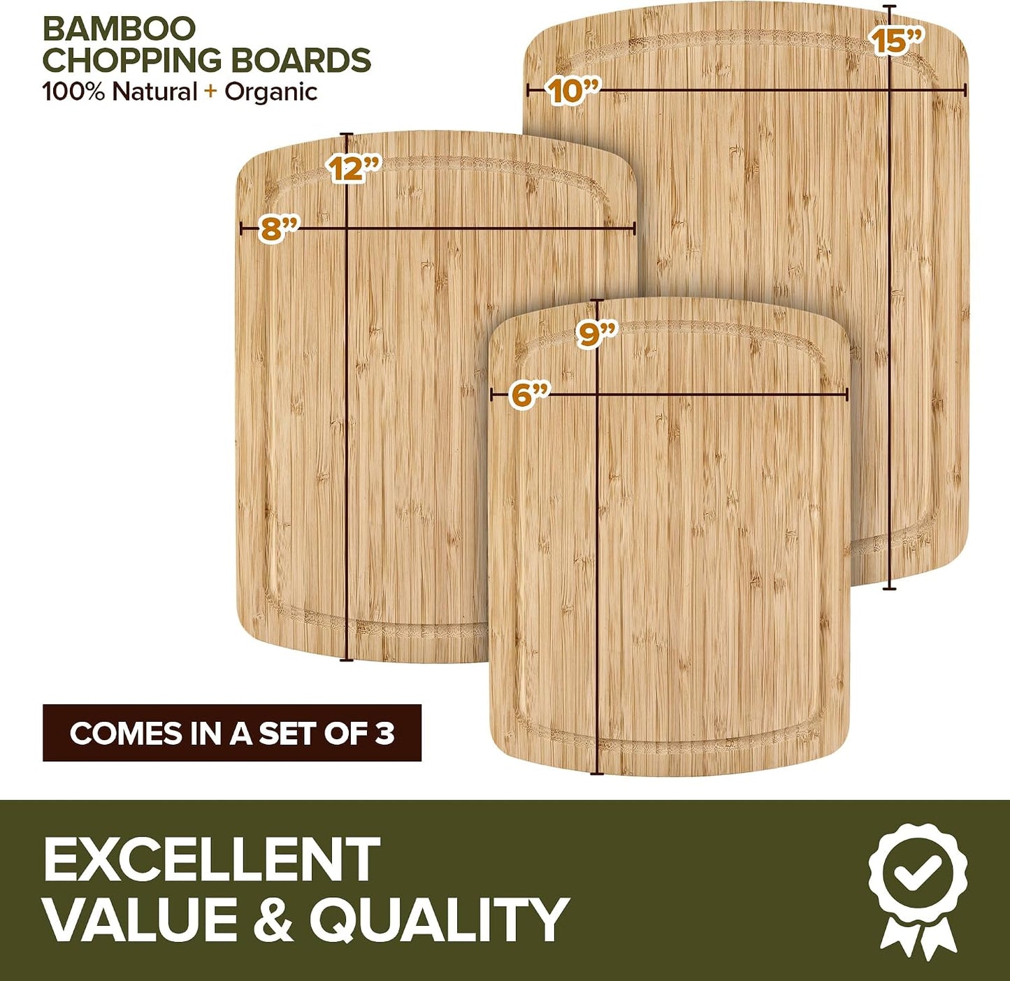 Wood Cutting Boards for Kitchen Counter – Organic Bamboo Cutting Board Set with Stick-On Grips (3 Pack), Thick Non-Slip Wooden Chopping Boards for Meat, Cheese, Produce & Serving