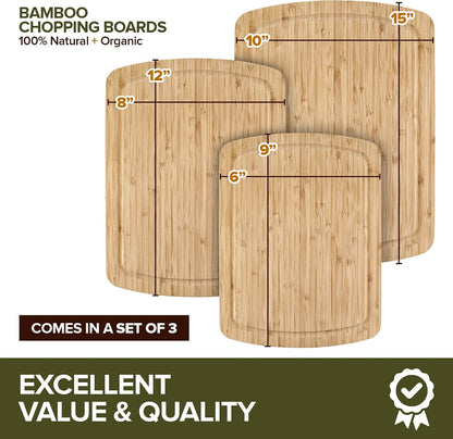 Wood Cutting Boards for Kitchen Counter – Organic Bamboo Cutting Board Set with Stick-On Grips (3 Pack), Thick Non-Slip Wooden Chopping Boards for Meat, Cheese, Produce & Serving