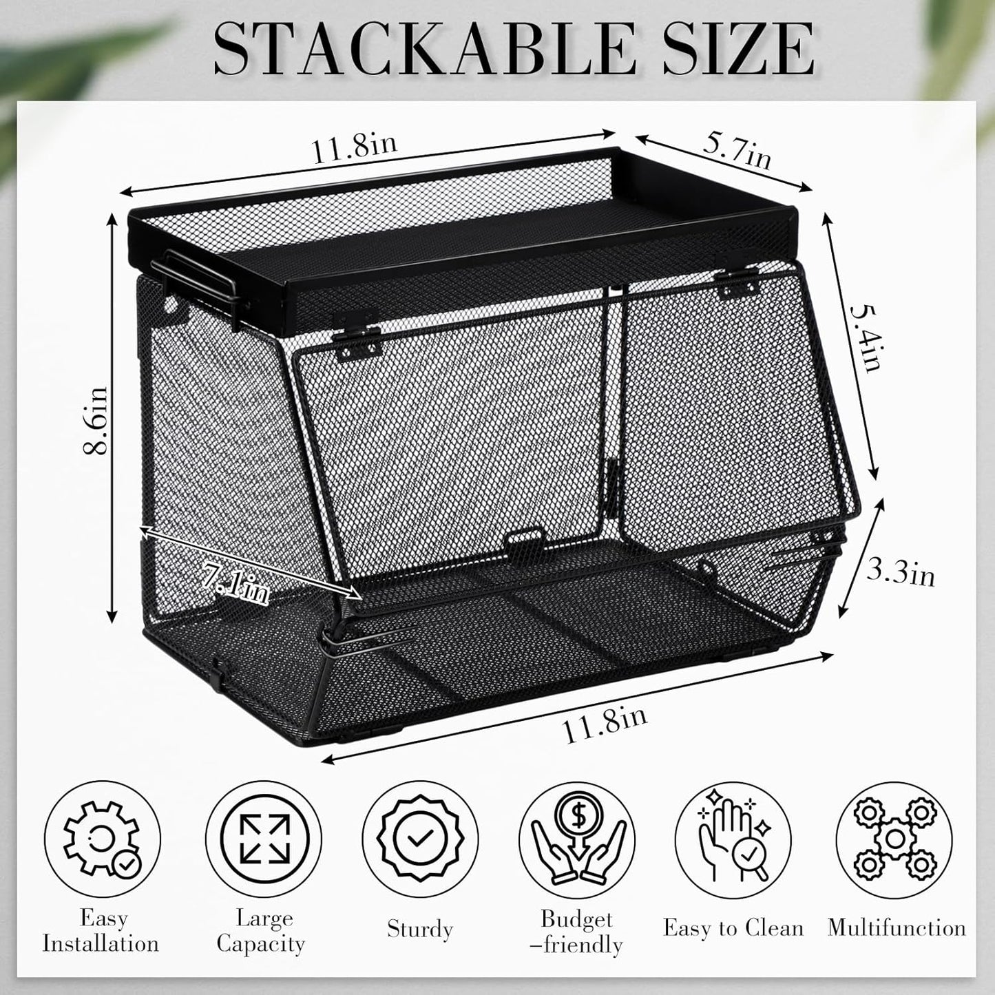 Teenyyou 2 Pcs Stackable Mesh Fruit Basket with Lid Wall Produce Vegetable Storage Basket Onion Potato Hanging Metal Wire Container for Kitchen Counter Pantry(Non-removable,Black,8.3" w & 13.8" l)
