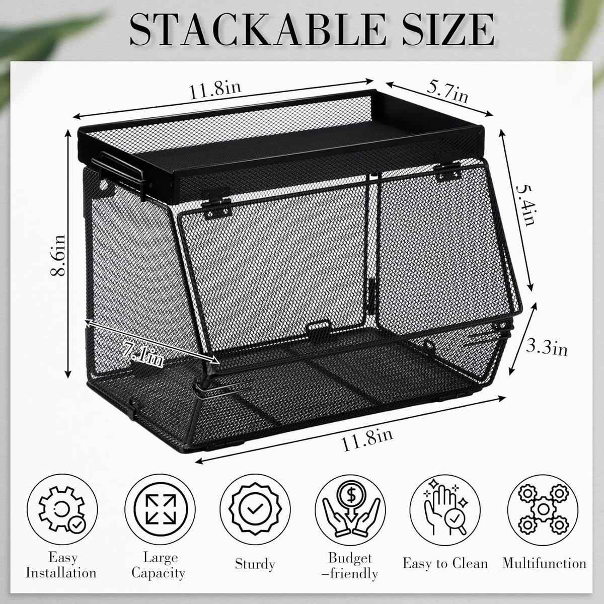Teenyyou 2 Pcs Stackable Mesh Fruit Basket with Lid Wall Produce Vegetable Storage Basket Onion Potato Hanging Metal Wire Container for Kitchen Counter Pantry(Non-removable,Black,8.3" w & 13.8" l)
