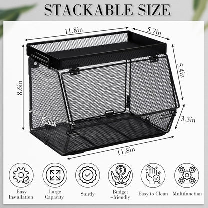 Teenyyou 2 Pcs Stackable Mesh Fruit Basket with Lid Wall Produce Vegetable Storage Basket Onion Potato Hanging Metal Wire Container for Kitchen Counter Pantry(Non-removable,Black,8.3" w & 13.8" l)