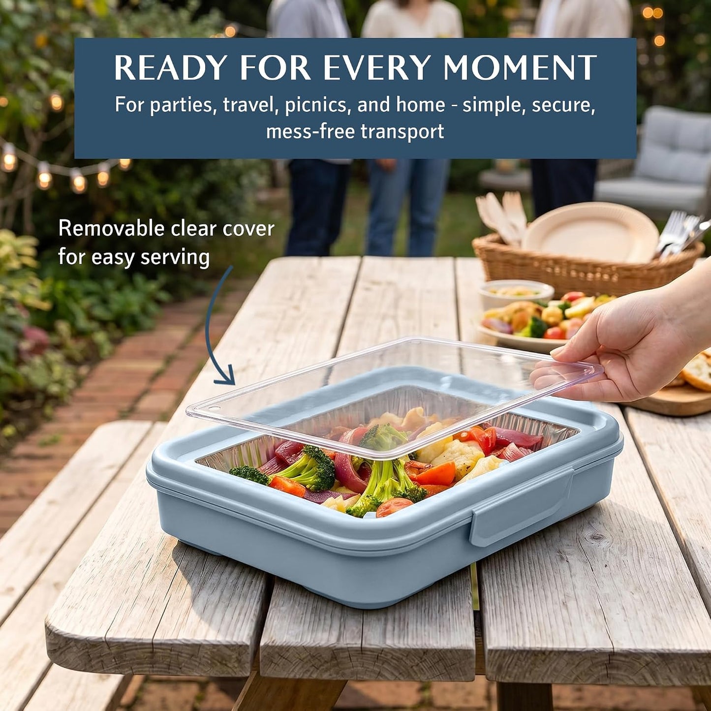 9x13 Pan Carrier with Aluminum Foil Pan – Insulated Food Carrier for Casseroles, Lasagna & Hot/Cold Dishes, Decorative Tabletop Serving Container with Lid for Parties, BBQ, Catering, Travel & Potlucks