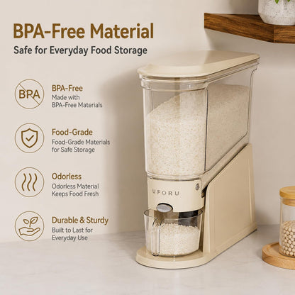 ROOM127 Rice Dispenser 22 Lbs, Large Airtight Grain Container, Cream White | Family Size Storage, BPA-Free, Moisture-Proof Seal, One-Touch Pouring, Clear Window, for Cereal, Beans, Oats & Dry Food