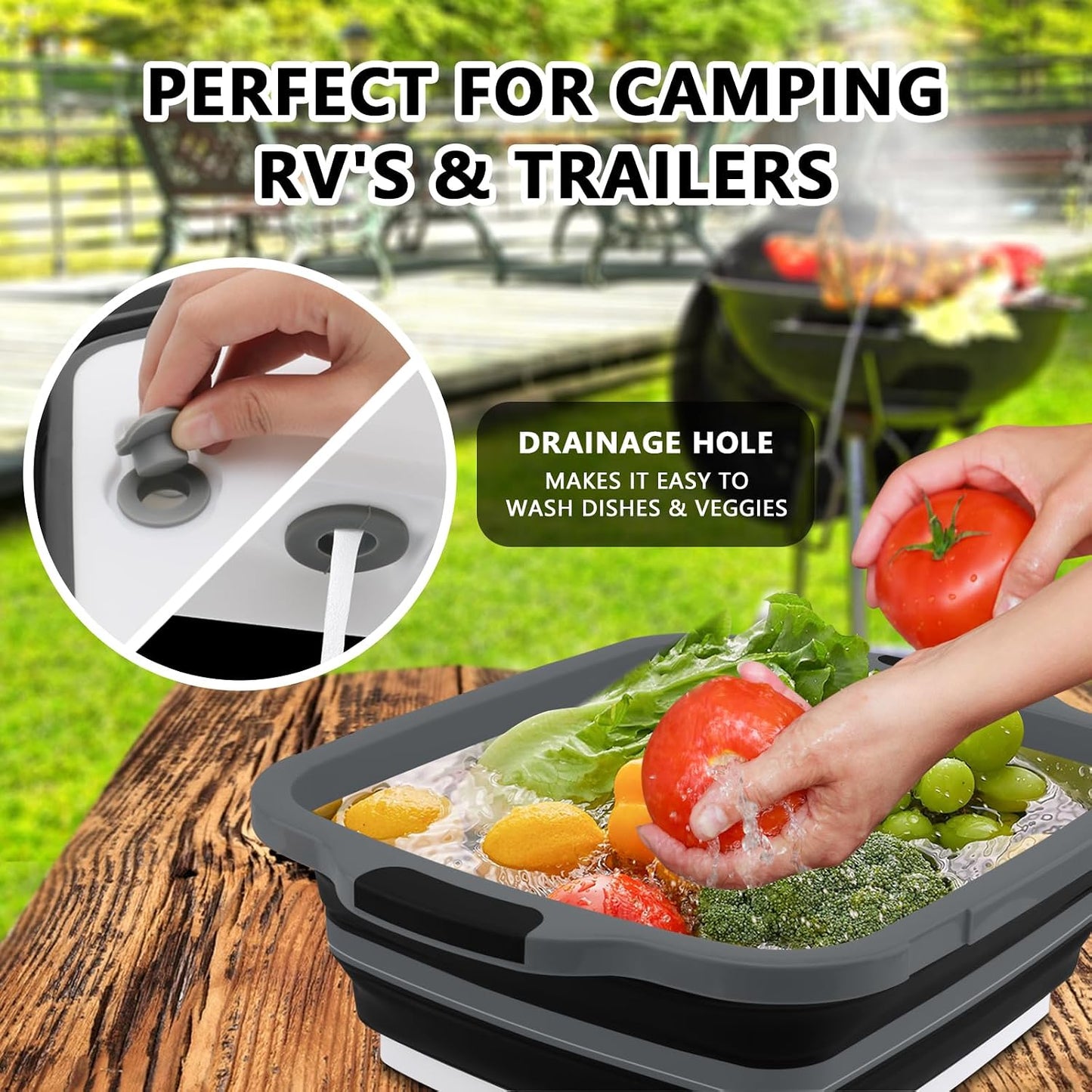 XL Collapsible BBQ Prep Tub with Lid (4.22 Gal / 16L) – Foldable Cutting Board Basin, Camping Sink & Food Storage Bin, Multipurpose Dish Tub for Meat, Fruit, Vegetables – Black