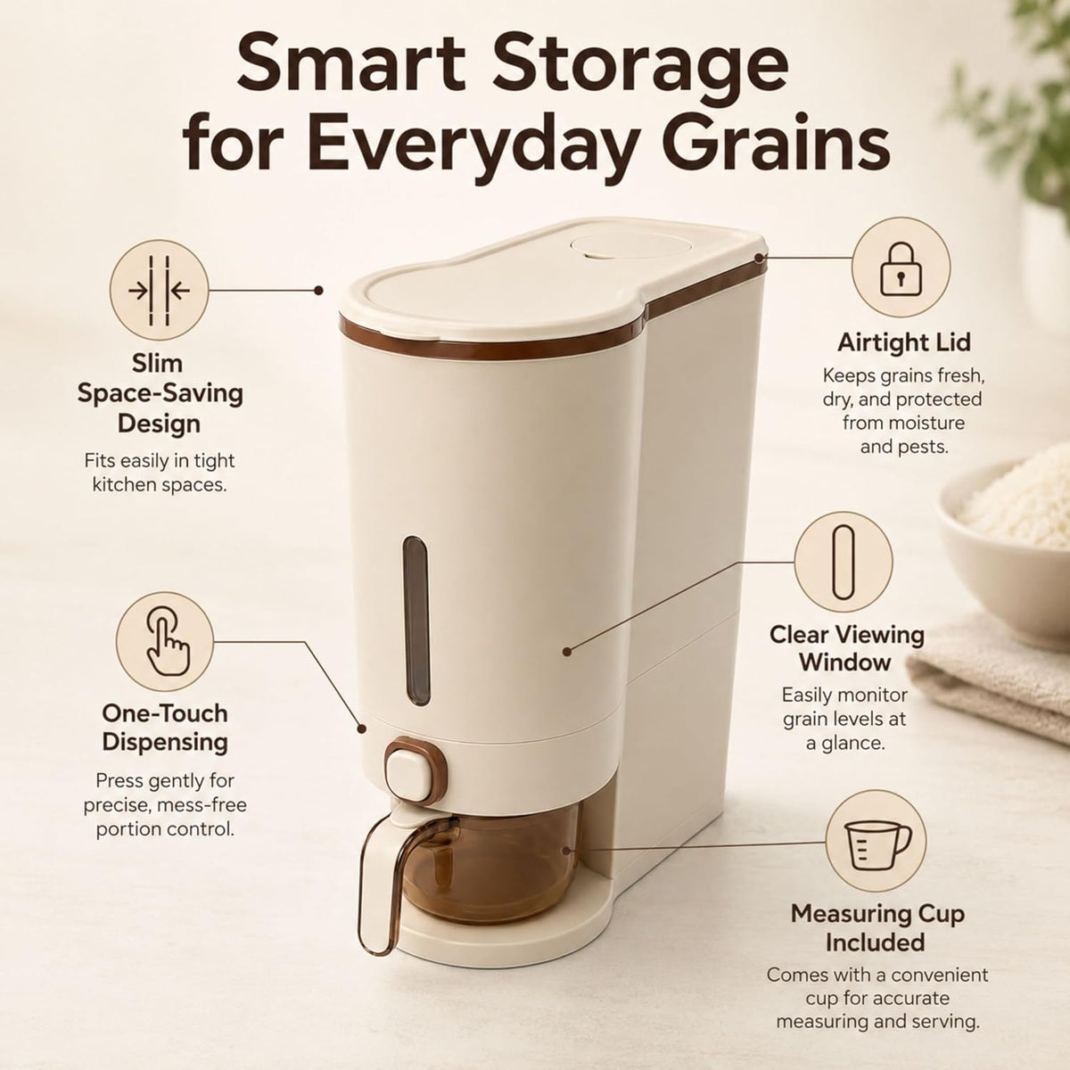 ROOM127 Slim Rice Dispenser 11 Lbs, Airtight Rice Storage Container with Measuring Cup, One-Touch Dry Food & Cereal Dispenser with Clear Window for Kitchen Countertop, Milk Tea Brown