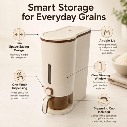 ROOM127 Slim Rice Dispenser 11 Lbs, Airtight Rice Storage Container with Measuring Cup, One-Touch Dry Food & Cereal Dispenser with Clear Window for Kitchen Countertop, Milk Tea Brown