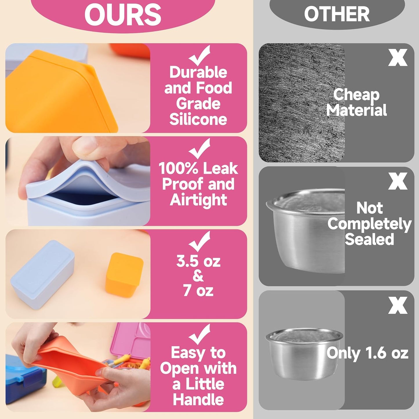 Dip Containers for OmieBox UP bento Box, 4 Pack Leakproof Salad Dressing Container To Go, Condiment Containers with Lids - Food Safe Silicone - 4.5 & 9 ounces