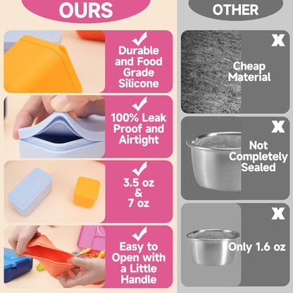 Dip Containers for OmieBox UP bento Box, 4 Pack Leakproof Salad Dressing Container To Go, Condiment Containers with Lids - Food Safe Silicone - 4.5 & 9 ounces