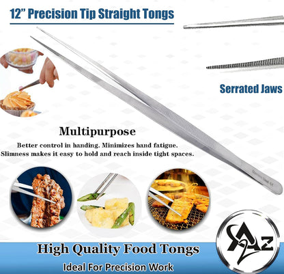 6 Inch Professional Culinary Stainless Steel Precision Tongs with Serrated Tips, Plating/Food Presentation Detailing Serving Tongs, Chef's Kitchen Tweezer Tongs - Ultra Non-Slip Grip