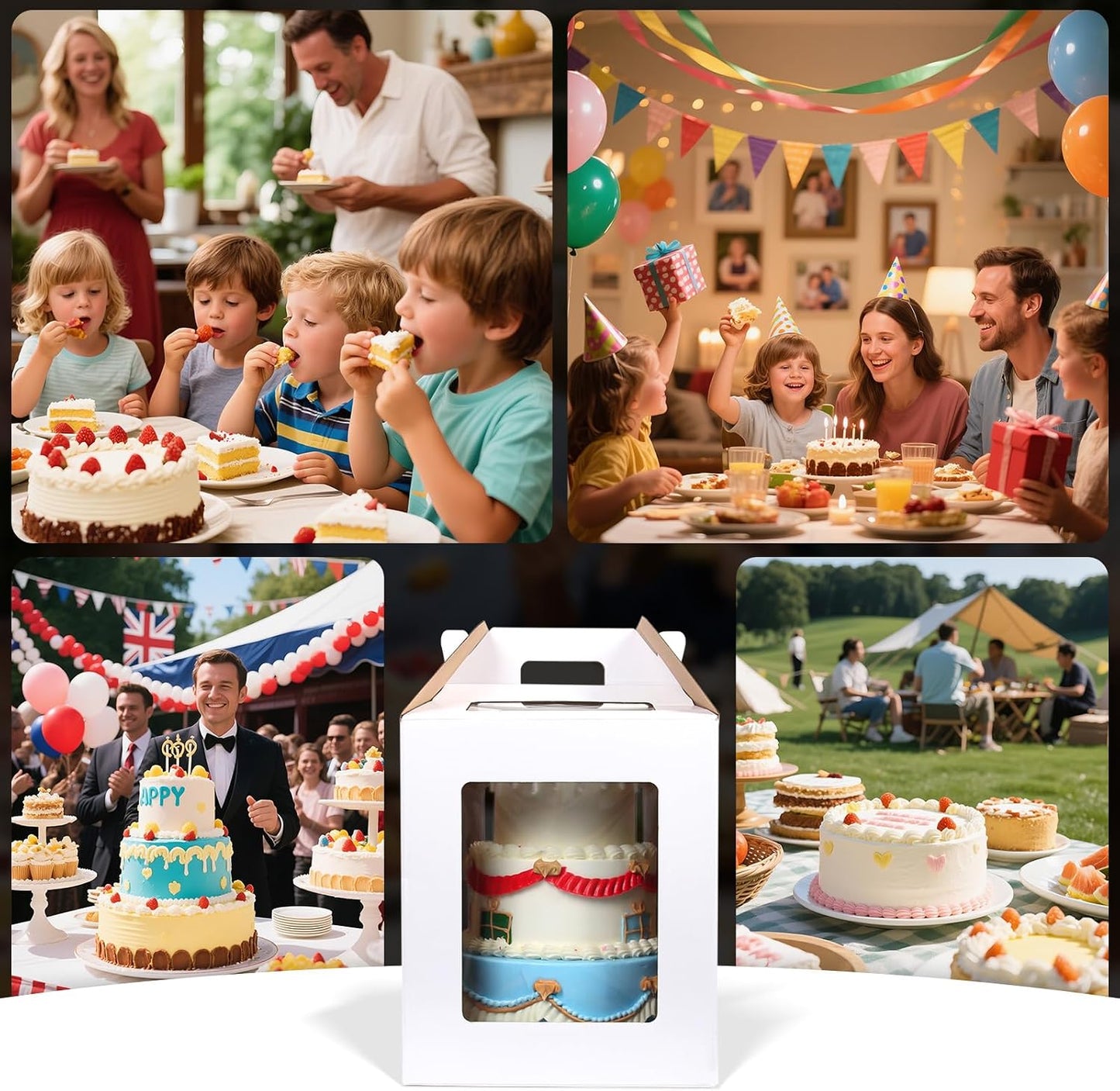 3 Pack 12-In Cake Boxes, Large 12-In Box with Lid & Handle Cake Carrier — Tall Transport Container for Tier Stacking, Reinforced Disposable Bakery Boxes
