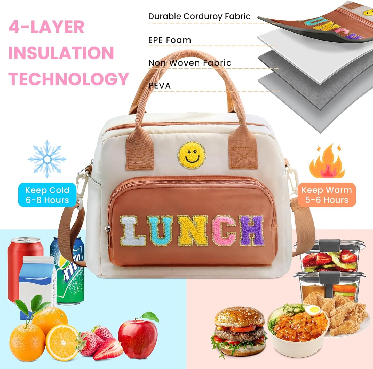 RLGPBON Insulated Lunch Bag Teen Girls, Preppy Lunch Box Large Insulated Lunch Bag Reusable Lunch Tote Bag, Preppy LunchBag for Girls School Travel Picnic