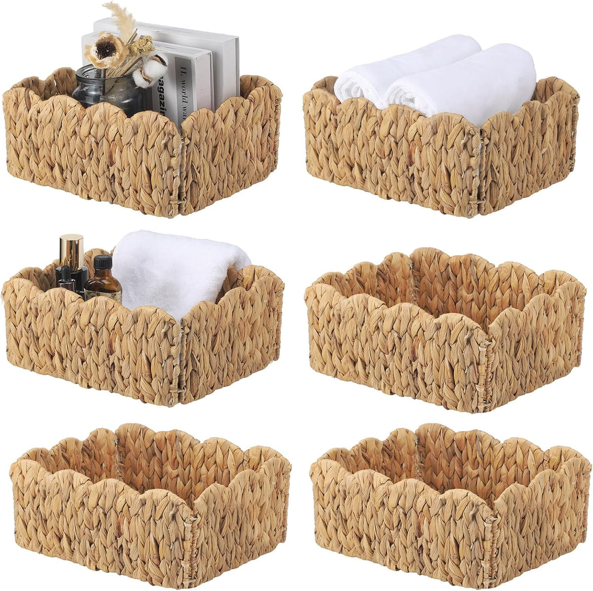 Potchen 6 Pcs 12 x 9 x 5 Inch Scalloped Water Hyacinth Storage Baskets, Rectangular Wicker Storage Baskets for Shelving, Natural Foldable Woven Pantry Organizer for Organizing